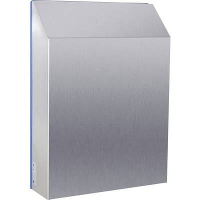 A rectangular metal box with a bevelled lid, likely a wall-mounted device or container, in silver colour.