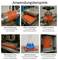 Infographic 'Applications' with six photographs of orange heating mats on pipes, plates, valves, tools, laboratory vessels and control cabinet enclosures.