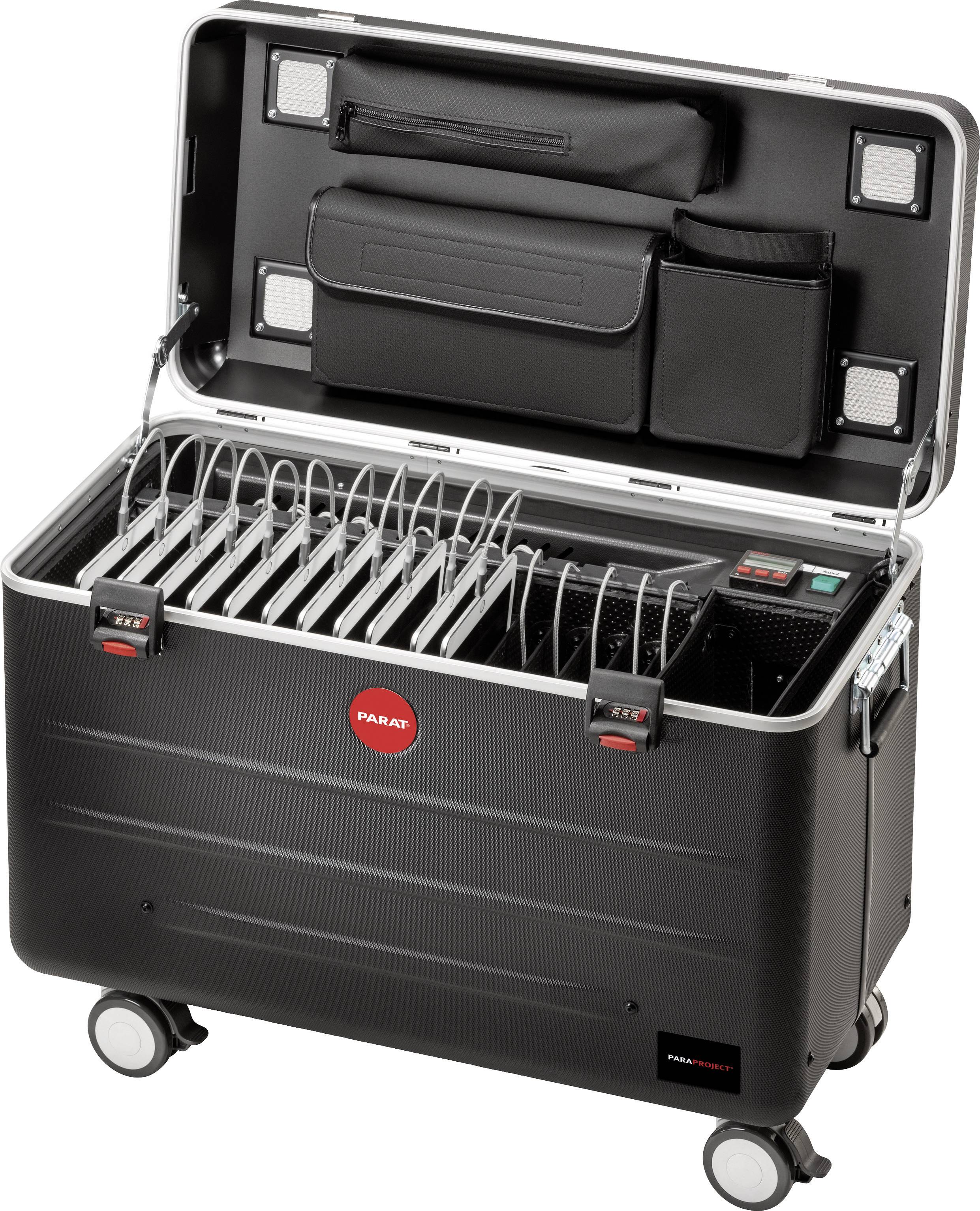 A rollable suitcase for storing and simultaneously charging multiple laptops or tablets, featuring an open lid, compartments, and connections.