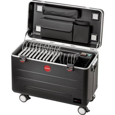A rollable suitcase for storing and simultaneously charging multiple laptops or tablets, featuring an open lid, compartments, and connections.