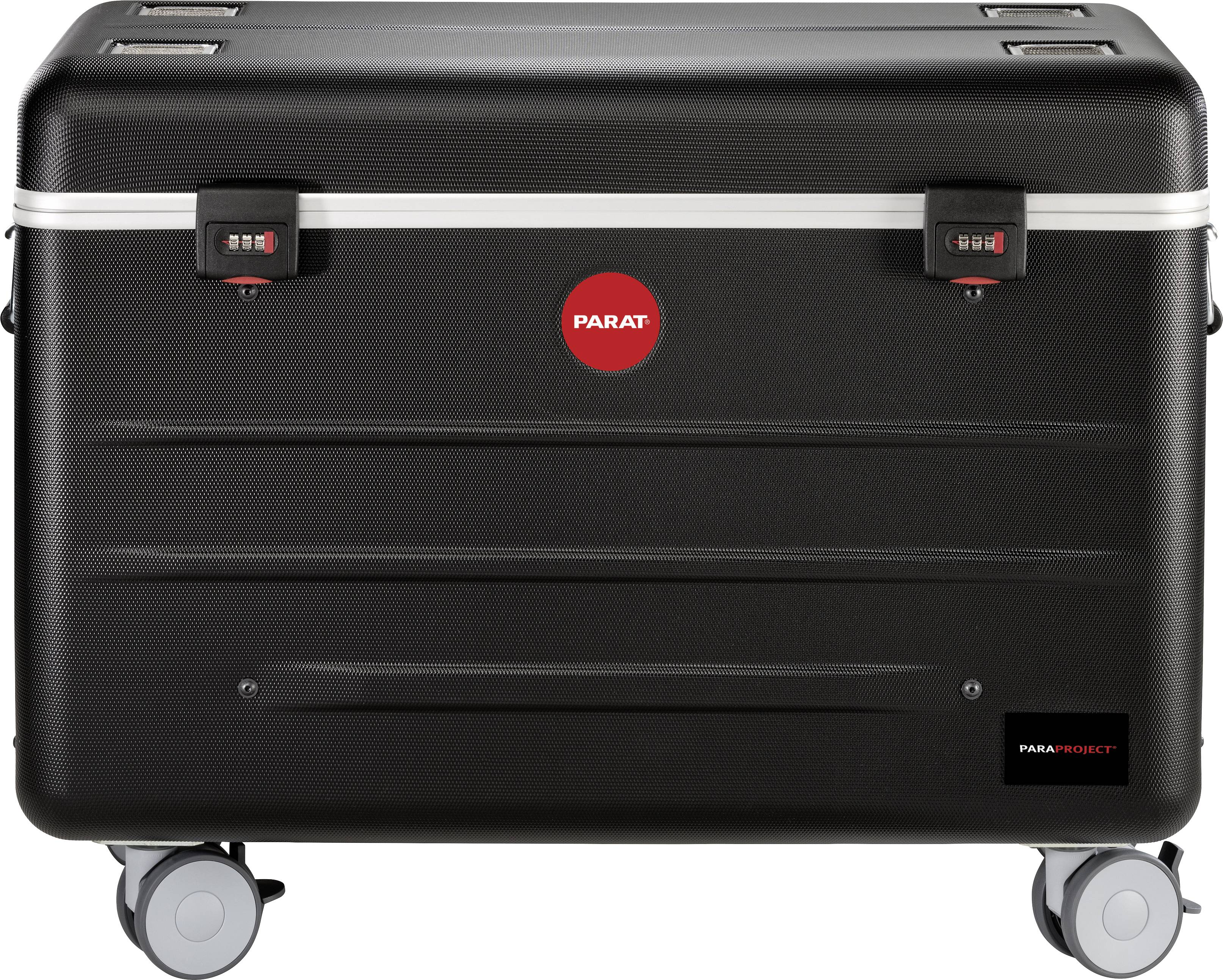 Black wheeled suitcase with red 'PARAT' logo, robust construction and two combination locks, suitable for secure transportation of items.