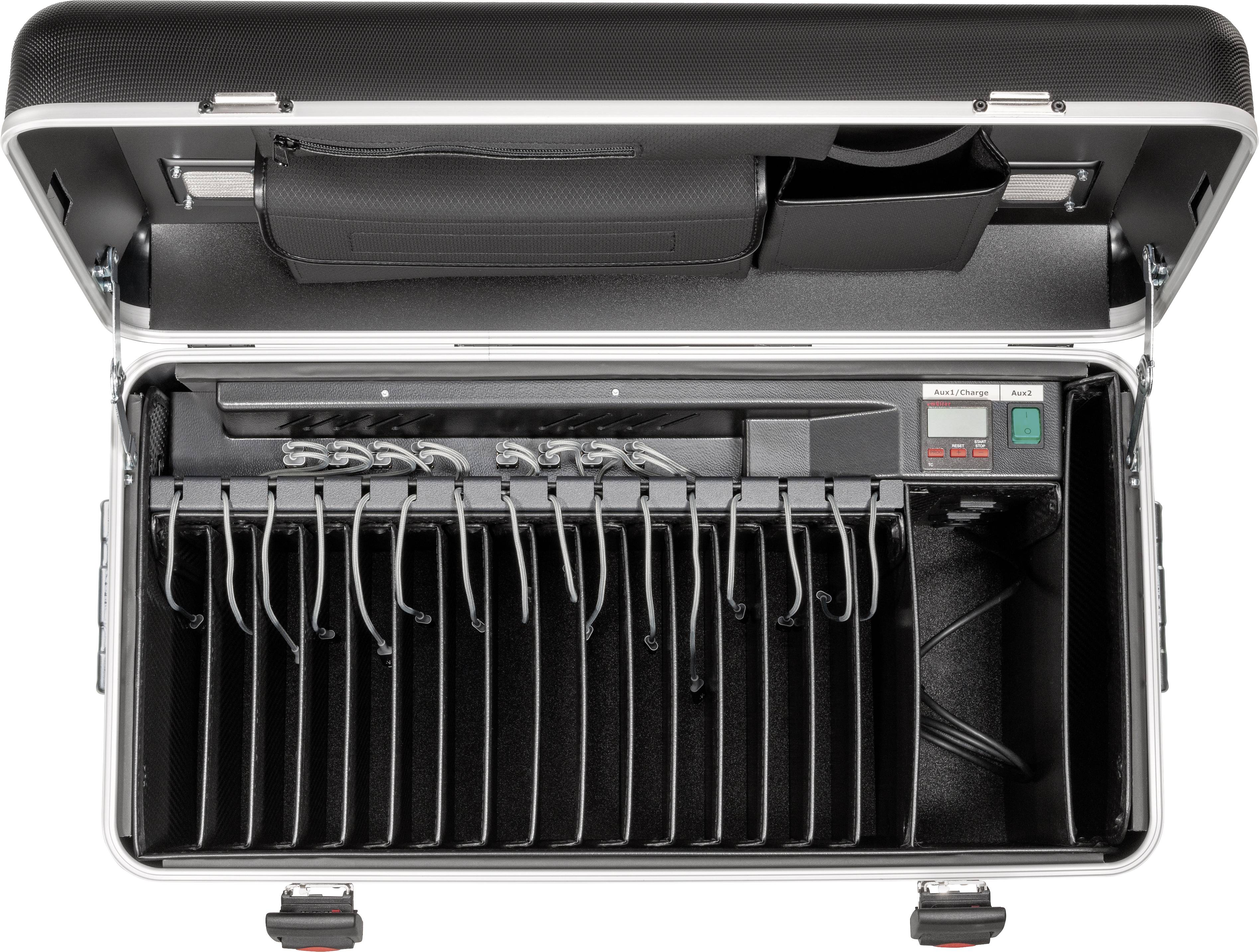 Open case with 15 knife holders, a large knife on top. Two buttons 'Start' and 'Stop' on the right-hand side.