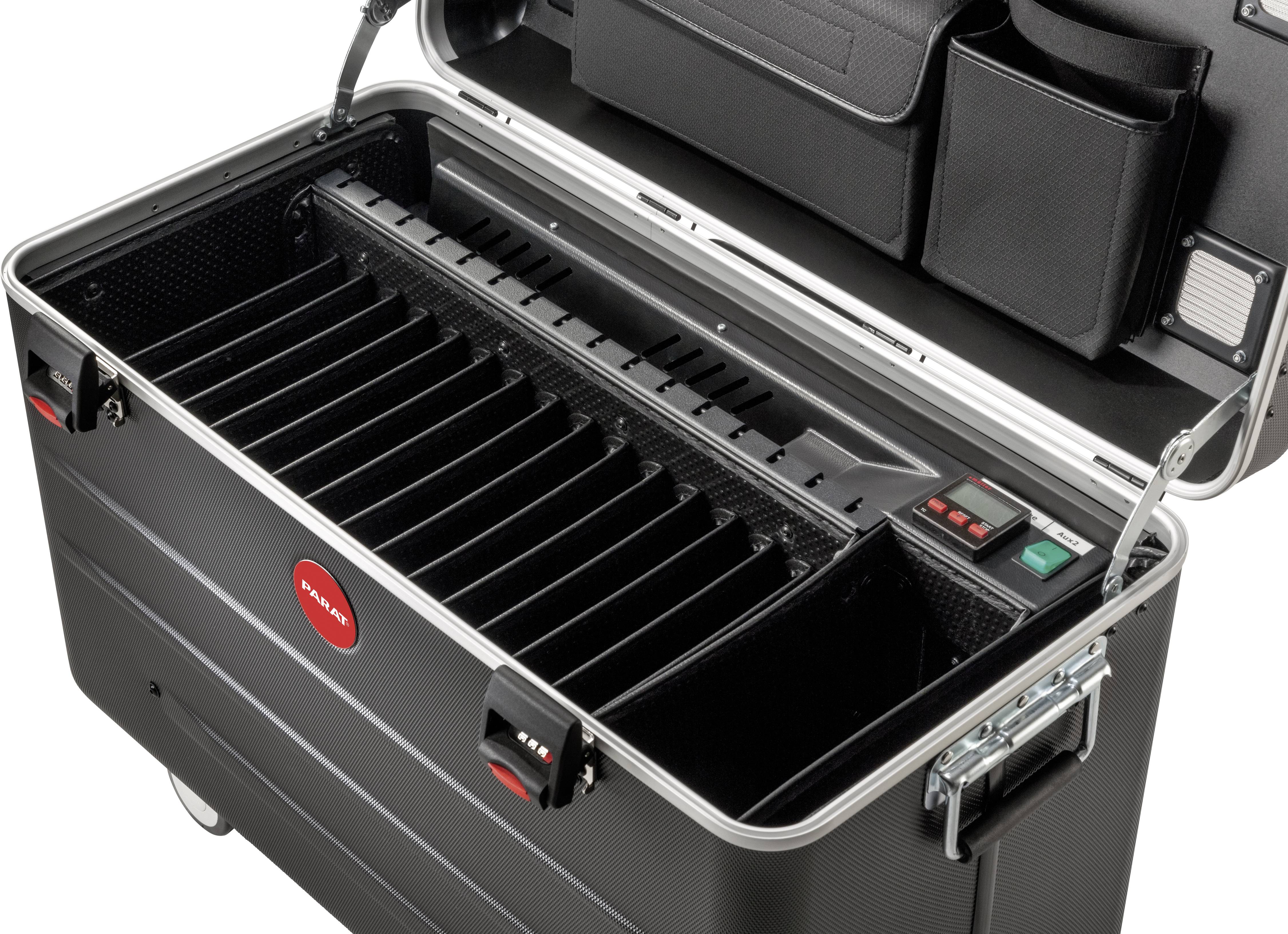 'Opens, black tablet transport case with multiple compartments and integrated charging ports, ideal for transporting and charging multiple devices.'