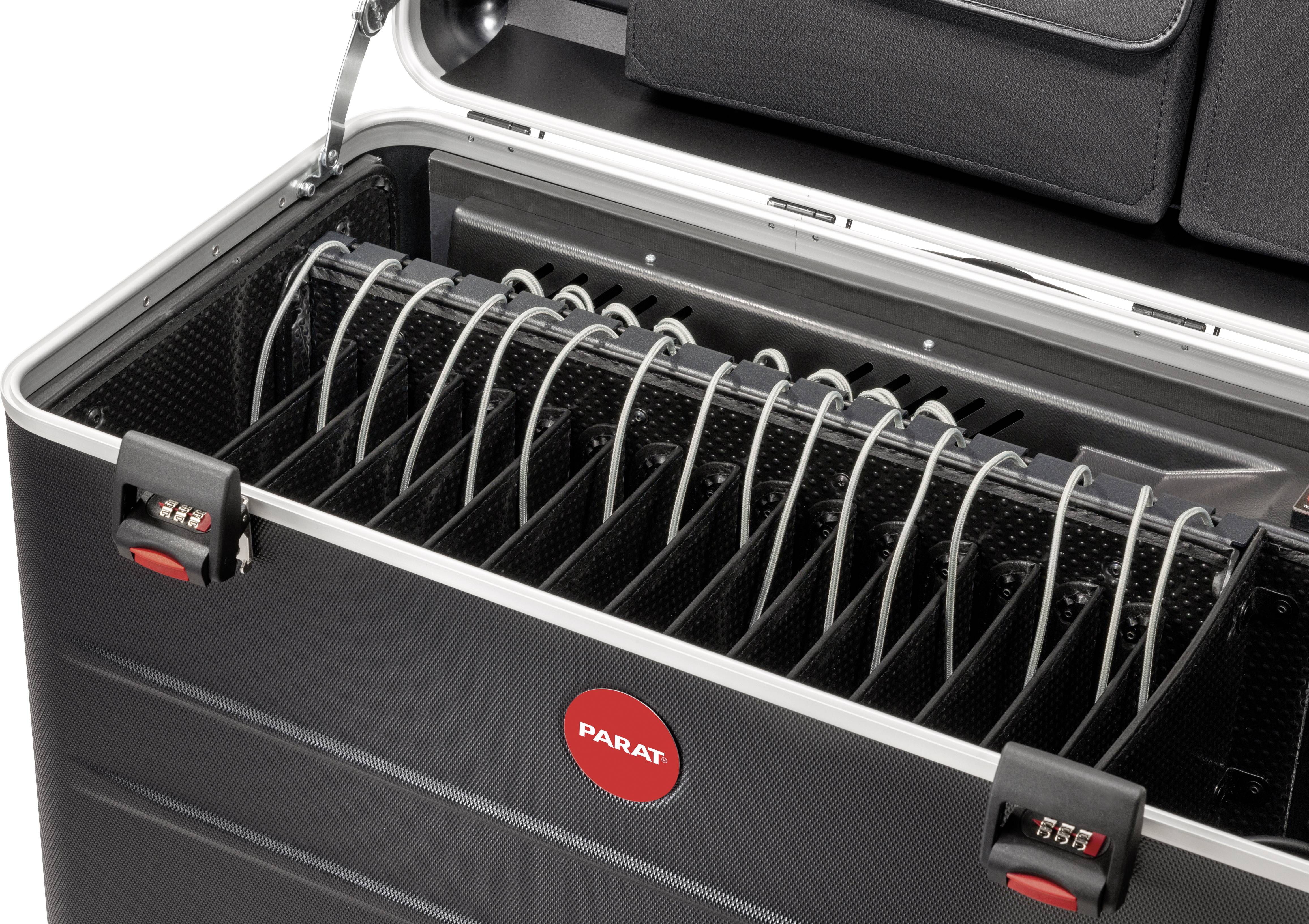 Open black suitcase with red fasteners and multiple vertical compartments, each housing a cable.