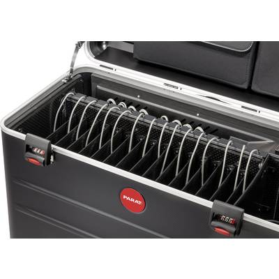 Open black suitcase with red fasteners and multiple vertical compartments, each housing a cable.
