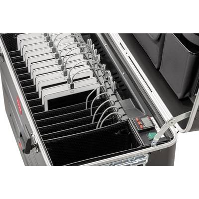 Tablet case with multiple tablets arranged in rows and being charged. The case is open, showing chargers.