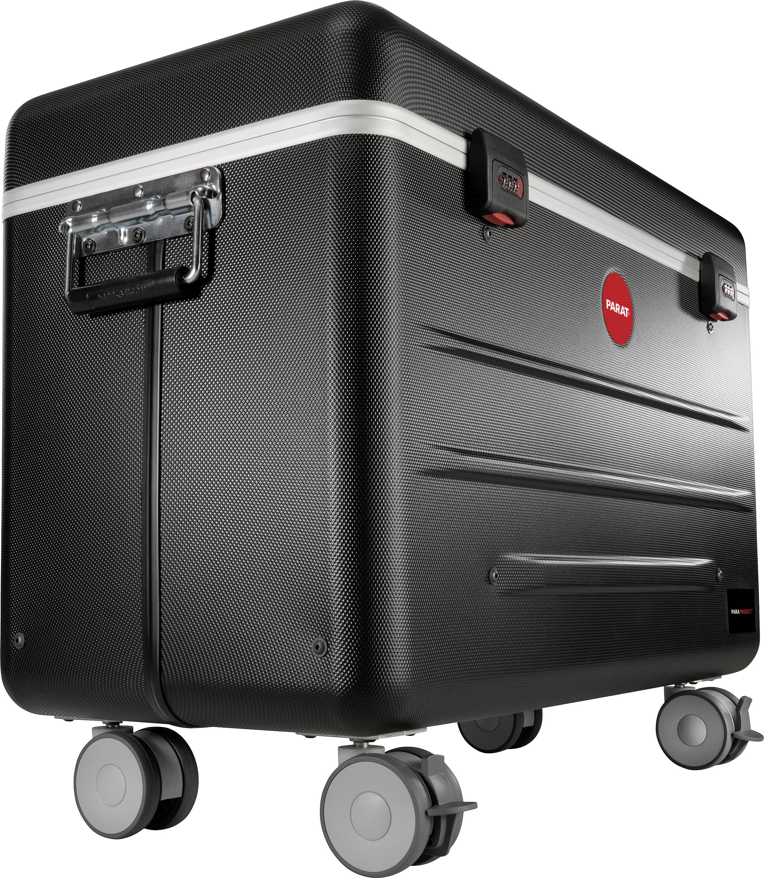 A black, robust rolling suitcase with a red emblem and four wheels. The suitcase has a side handle for easy transport.