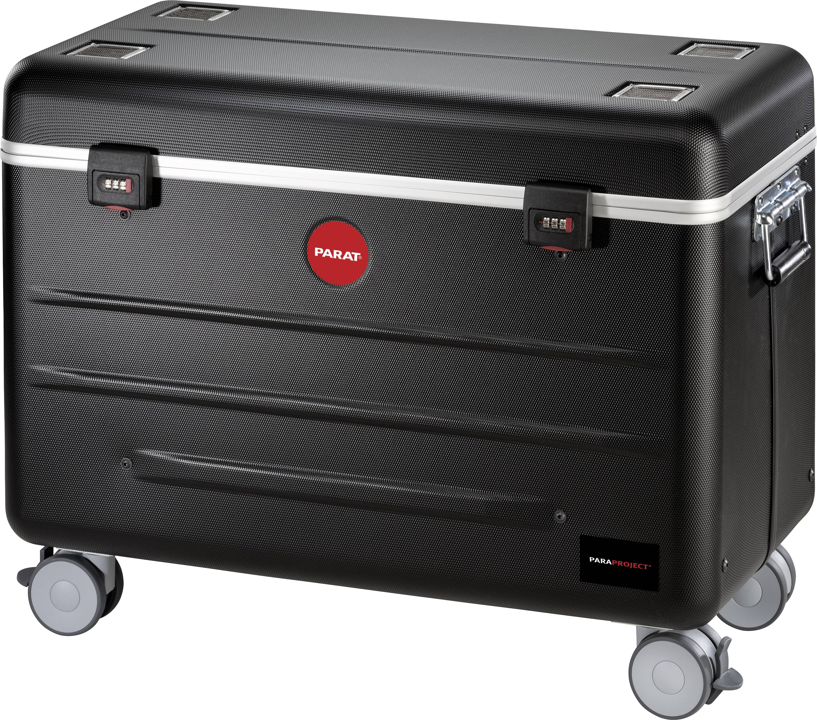 A black transport case with wheels, combination locks, and carry handles, suitable for the secure transportation of equipment.