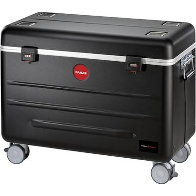 A black transport case with wheels, combination locks, and carry handles, suitable for the secure transportation of equipment.