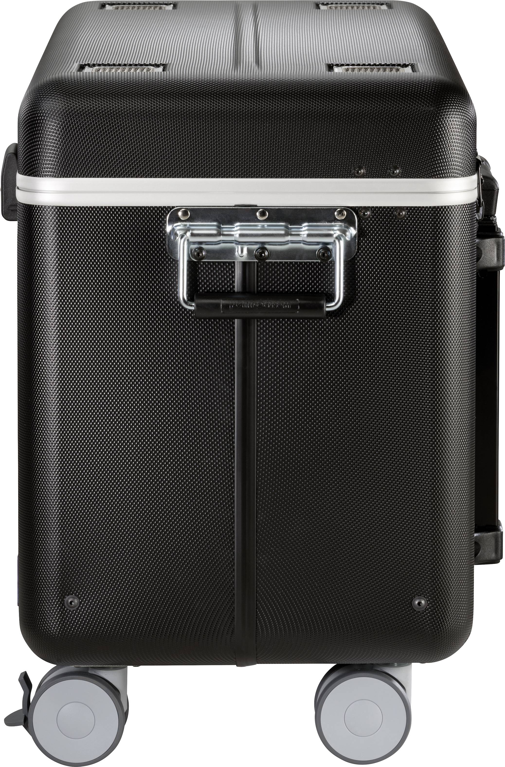 A black wheeled suitcase with a silver handle and wheels. The suitcase has a robust, rectangular shape and looks ready for travel.