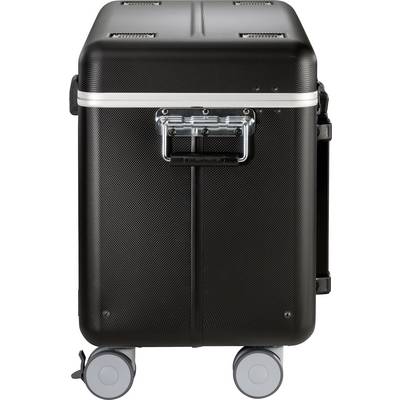 A black wheeled suitcase with a silver handle and wheels. The suitcase has a robust, rectangular shape and looks ready for travel.