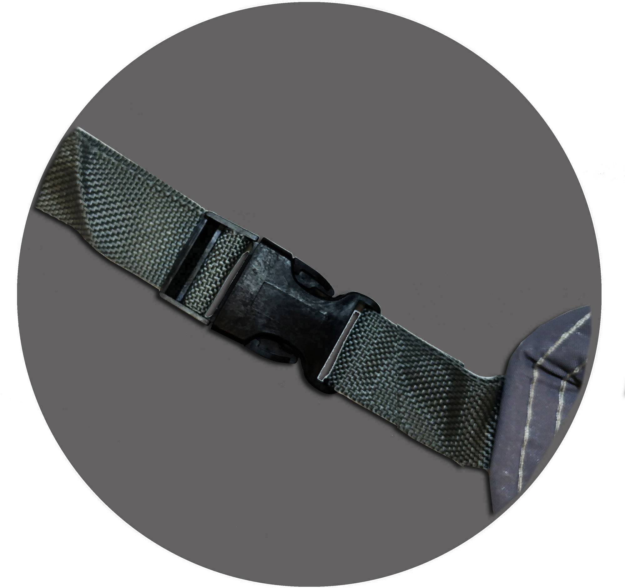 A black plastic buckle fastener on a grey webbing strap, photographed in close-up, against a grey background.