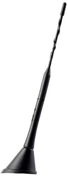 A black car aerial with a spiral design and magnetic base, suitable for receiving FM and AM radio.