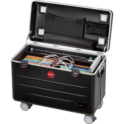 An open black transport box on wheels contains colourful cables and plug modules, possibly for storing electronic devices.