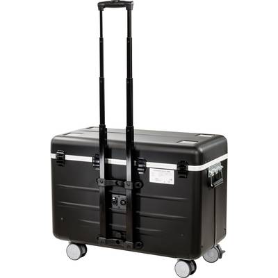 A black wheeled suitcase with an extendable handle and four wheels. It has buckle fastenings and a white label on the side.