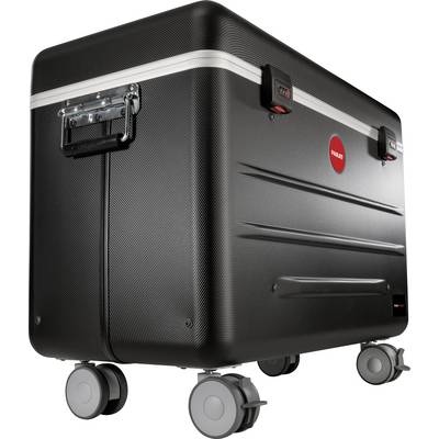 'View of a black suitcase with four wheels and a handle, ideal for travelling or storage.'