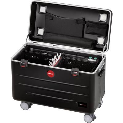 Open black wheeled suitcase containing several tablets in holders. Power adapters and cables are stored at the top.