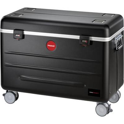 A black, robust tool case on four wheels, featuring two combination locks, a red logo in the centre, and a side handle.