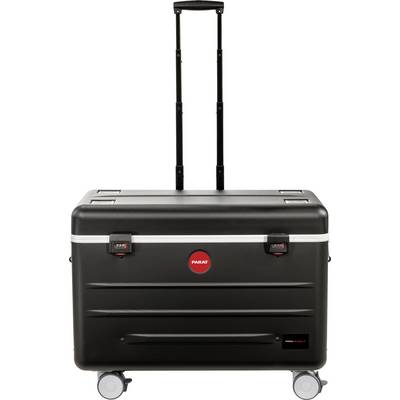 Black hard-shell suitcase with extendable handle and wheels, red Parat logo on the front, for tool storage.