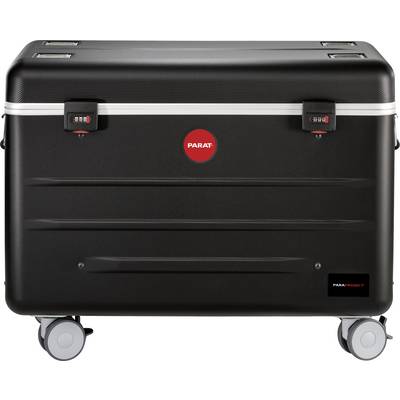 A black hard-shell suitcase with red locks and wheels. A red logo reading 'PARAT'.