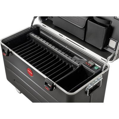 An open black briefcase with several narrow compartments for storage. Inside, two buttons: one red and one green.