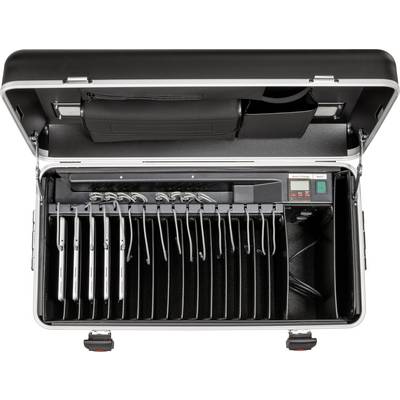 An open suitcase with multiple tablets organised in separate compartments, next to a control panel with two buttons.