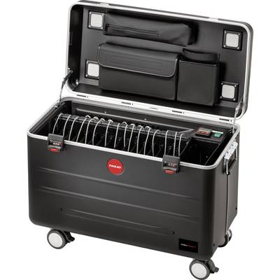 Black wheeled suitcase with open lid, revealing 20 charging stations for tablets, with integrated pouches and cables.