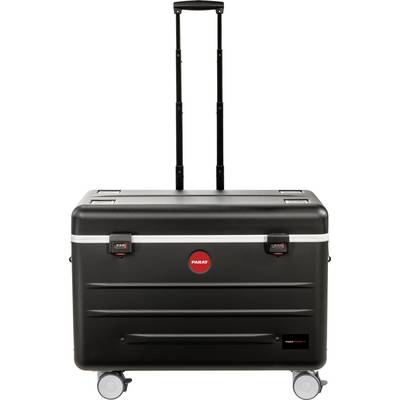 Black suitcase with telescopic handle and two wheels. 'PARAT' brand logo in the centre. Two clasps at the front, with a carry handle on top.