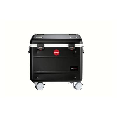 A black, rectangular wheeled suitcase with four wheels and a red 'PARAT' logo in the centre.