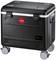 A black, mobile hard-shell suitcase on wheels, with a red 'PARAT' logo and two combination locks on the top edge.