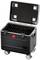 Black, open rolling case with compartments, suitable for transporting tablets or laptops, mounted on four wheels.