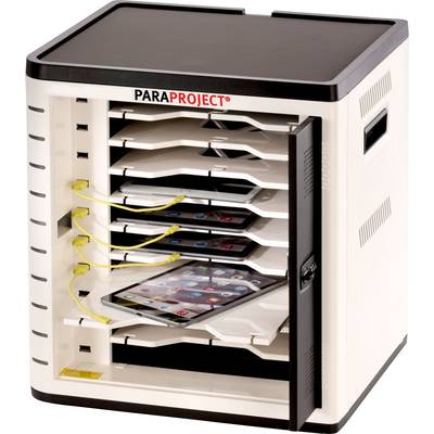 Device for secure storage and charging of tablets; multiple tablets are located in open compartments with charging cables.