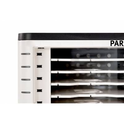 An open shelving unit with multiple USB charging ports on the side. Perfect for storing and charging electronic devices.