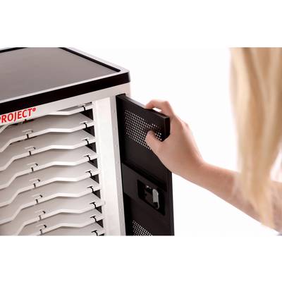 A person opens the door of a white cabinet with multiple shelves. The cabinet has a black top and ventilation holes on the sides.