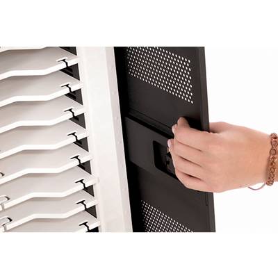 A hand opens the door of an electronic locker with multiple internal compartments.