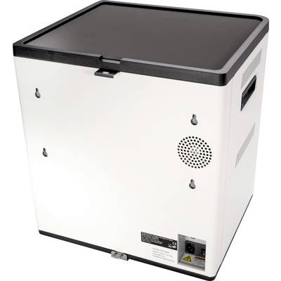 A white, square air purifier with a black top surface, side ventilation slots, and a control panel on the back.