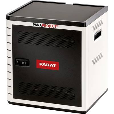 A white, rectangular charging cabinet by PARAT with a black ventilation grille, combination lock, and carry handles on the sides.