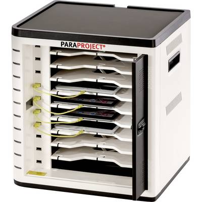 A white storage cabinet with the 'PARAPROJECT' lettering on the top, containing multiple charging compartments for tablets.