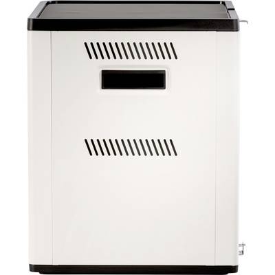 A modern, white dehumidifier with ventilation slots and an integrated handle on the front.