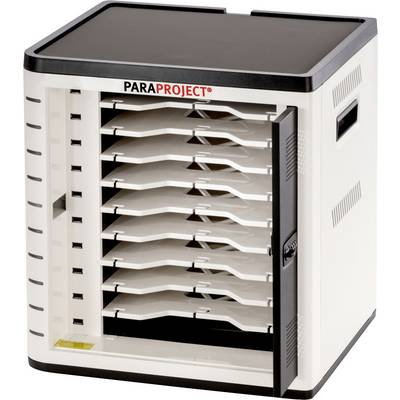 Charging cabinet with its door open displays multiple empty shelves for laptops or tablets, suitable for schools or offices for device management.