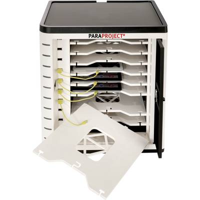 A multi-compartment open storage system for charging electronic devices. 'PARAPROJECT' is displayed at the top.