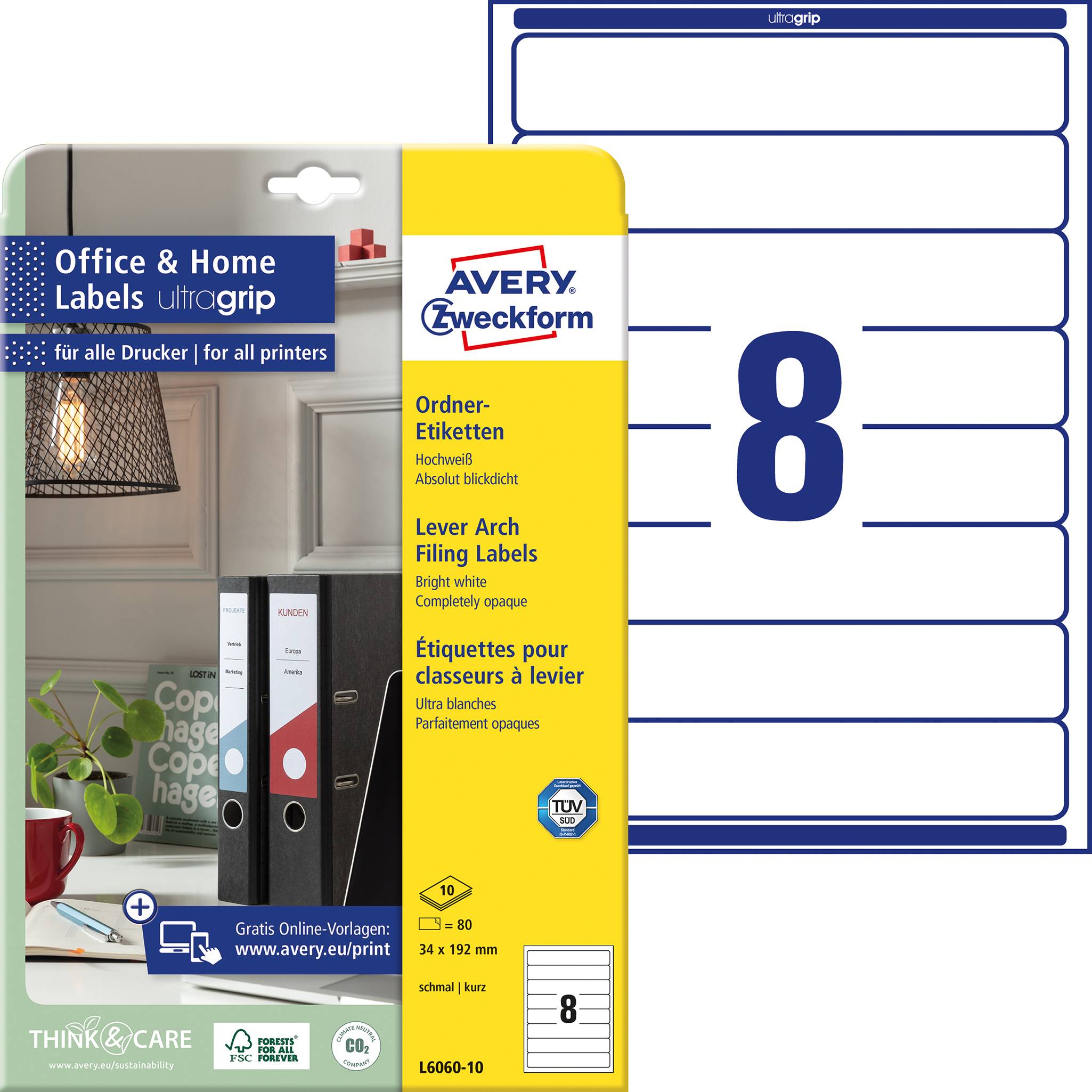 Avery-Zweckform Lever arch file labels L6060-10 34 x 192 mm Paper White Permanent adhesive 80 pc(s)