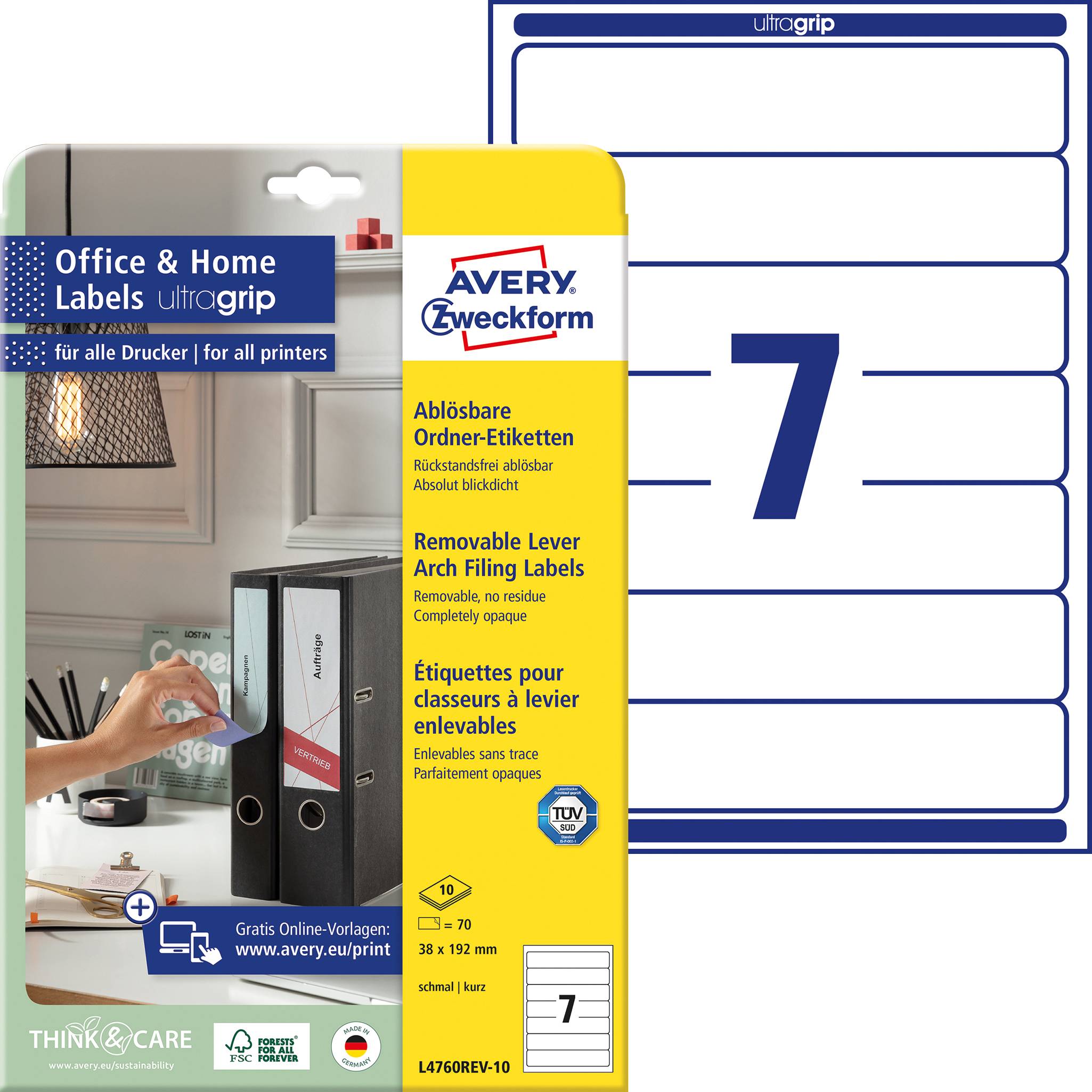 Avery-Zweckform Lever arch file labels L4760REV-10 38 x 192 mm Paper White Removable 70 pc(s)