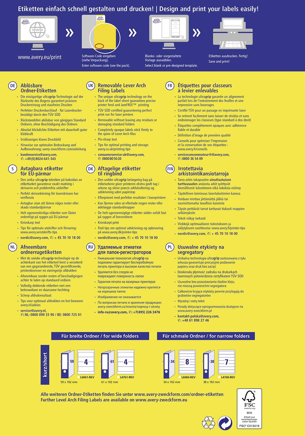 'Information on Printed Labels: Removable, Tear-off, for Wide and Narrow Ring Binders. Details on Sizes and Applications.'