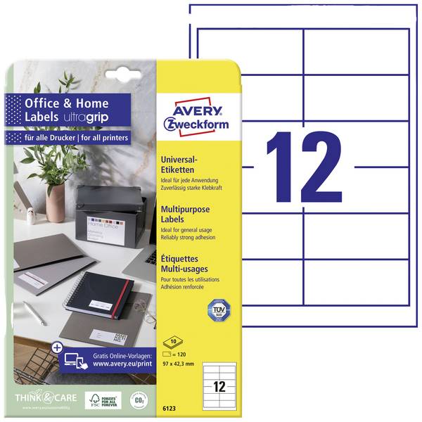 Avery-Zweckform 6123 All-purpose labels 97.3 x 42.3 mm Paper White 120 pc(s) Permanent adhesive Inkjet printer, Laser printer, Laser, colour, Copier, Colour copier, Manual labeling
