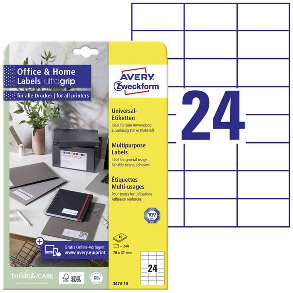 Avery-Zweckform 3474-10 All-purpose labels 70 x 37 mm Paper White 240 pc(s) Permanent adhesive Inkjet printer, Laser printer, Laser, colour, Copier, Colour copier, Manual labeling