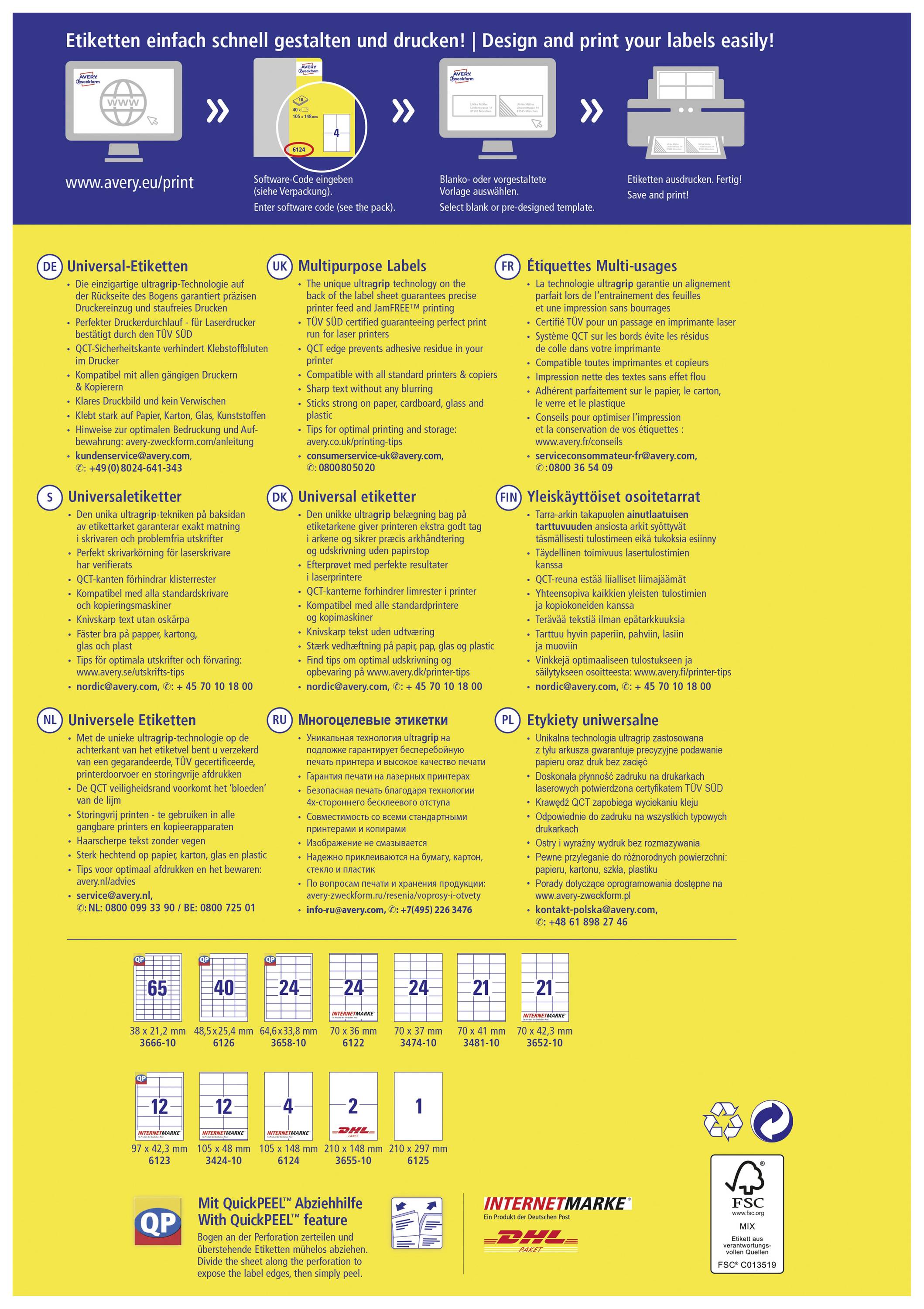 'Design and Print Labels Quickly and Easily.' Blue and yellow information poster with application guidelines for various label types.