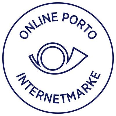 Round logo with the inscription 'ONLINE PORTO INTERNETMARKE' around a stylised blue symbol in the centre.