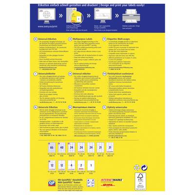 Bright yellow Avery label catalog poster showing label types, sizes and uses, with step-by-step printing icons across the top and product codes, logos, and recycling symbols at the bottom.