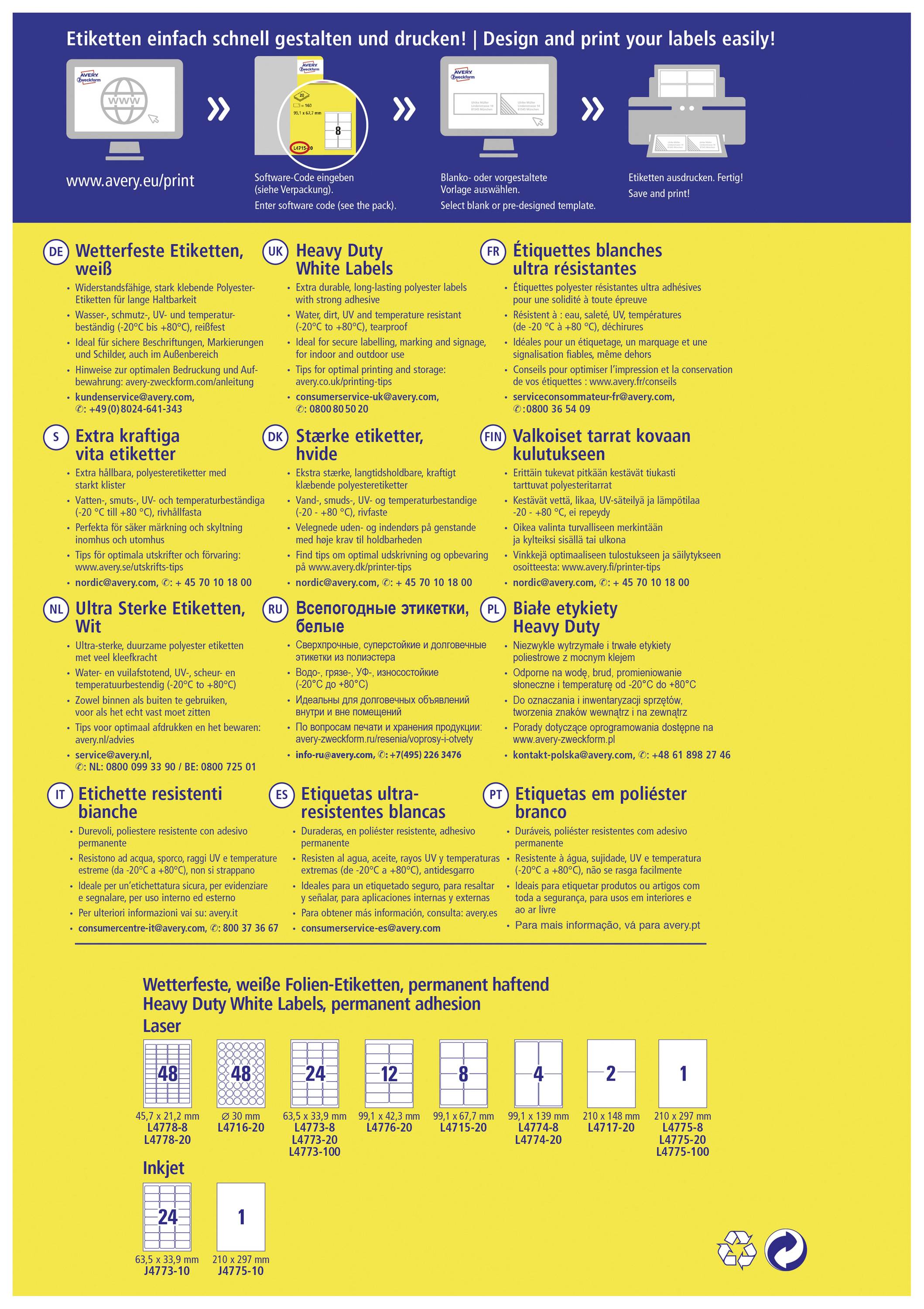 Avery-Zweckform L4773-8 Label film 63.5 x 33.9 mm Polyester film White 192 pc(s) Permanent adhesive Laser, colour, Laser-1